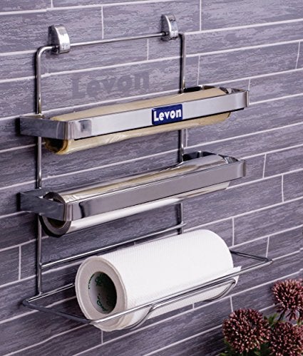 Levon Stainless Steel 3 in 1 Kitchen Triple Paper Dispenser & Holder/Wrap Aluminium Foil & Kitchen Roll - Size (345 X 95 X 20 mm) - Image 2