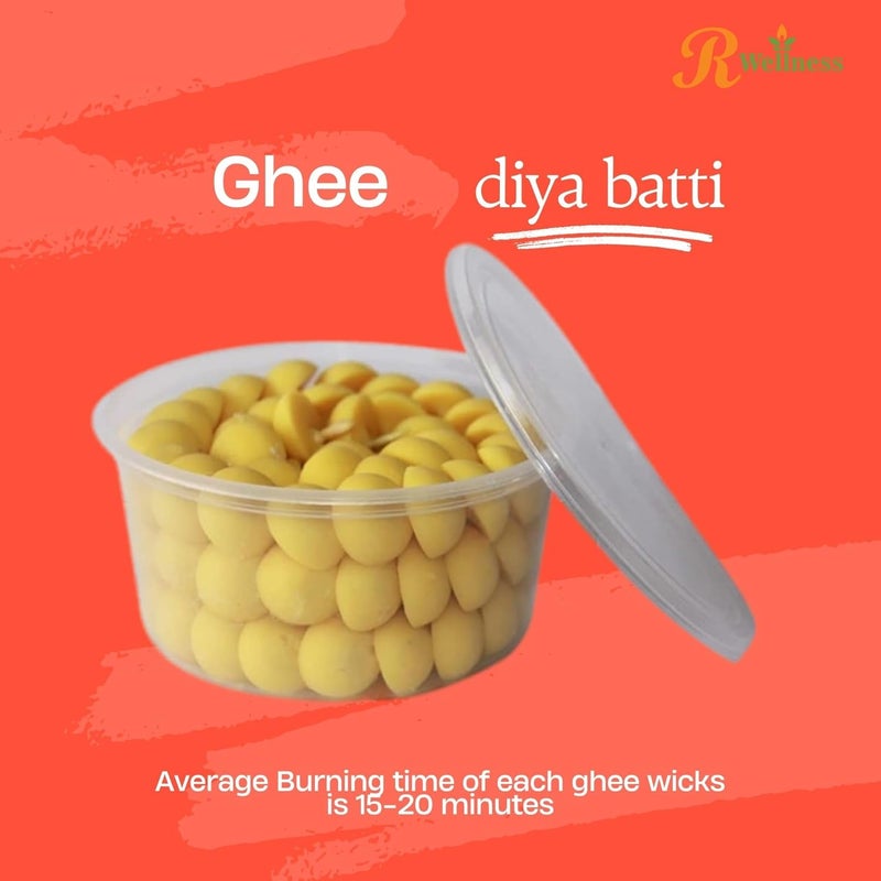 R Wellness Small Ghee Diya for Puja 100 Pcs Wax Free Ghee BattiWicksJyot for Puja Aarti Pack of 1 Yellow 100 Pcs - Image 3