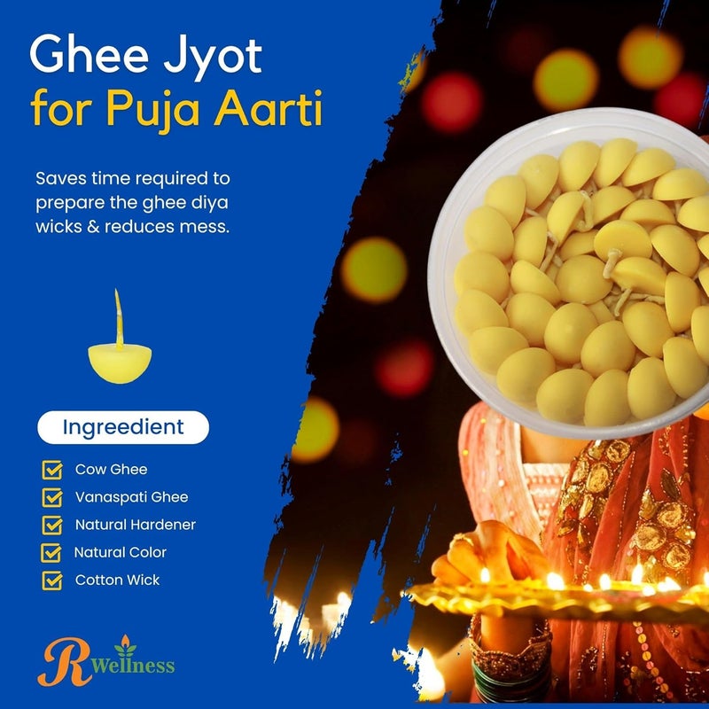 R Wellness Small Ghee Diya for Puja 100 Pcs Wax Free Ghee BattiWicksJyot for Puja Aarti Pack of 1 Yellow 100 Pcs - Image 2