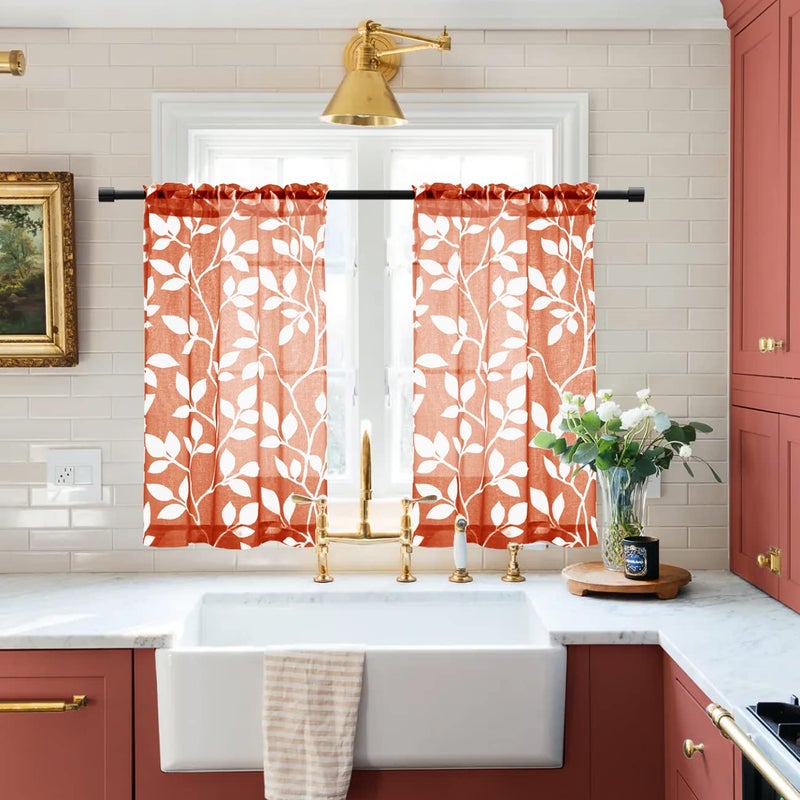 XTMYI Curtains 36 Inch Length for Kitchen Window Set of 2 PanelsShort Sheer Cafe White Leaf Print Pattern Design Small Curtain for BathroomRust Burnt Orange