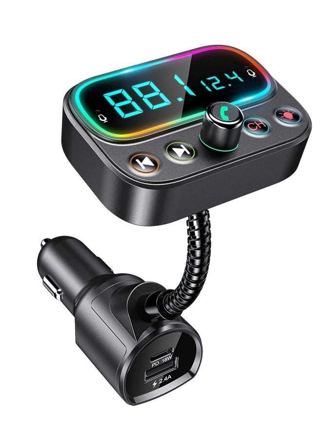 Generic Bluetooth 5.0 FM Transmitter for Car, USB C PD Bluetooth Car Adapter with Dual Mic 2.0" LCD Display 3 USB Ports 9 Color LED Backlit, Wireless Car Kit  - Image 1