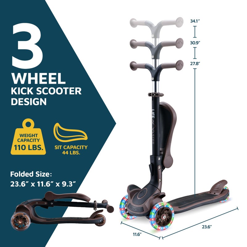 LifeMaster 3 Wheel Scooter for Kids with Foldable Seat, Adjustable Handlebar Height, Lean-to-Steer Ride On Toy for Kids Ages 2+, Light-Up LED Wheels, Wide Anti Slip Deck, Indoor & Outdoor Use, Brown - Image 2