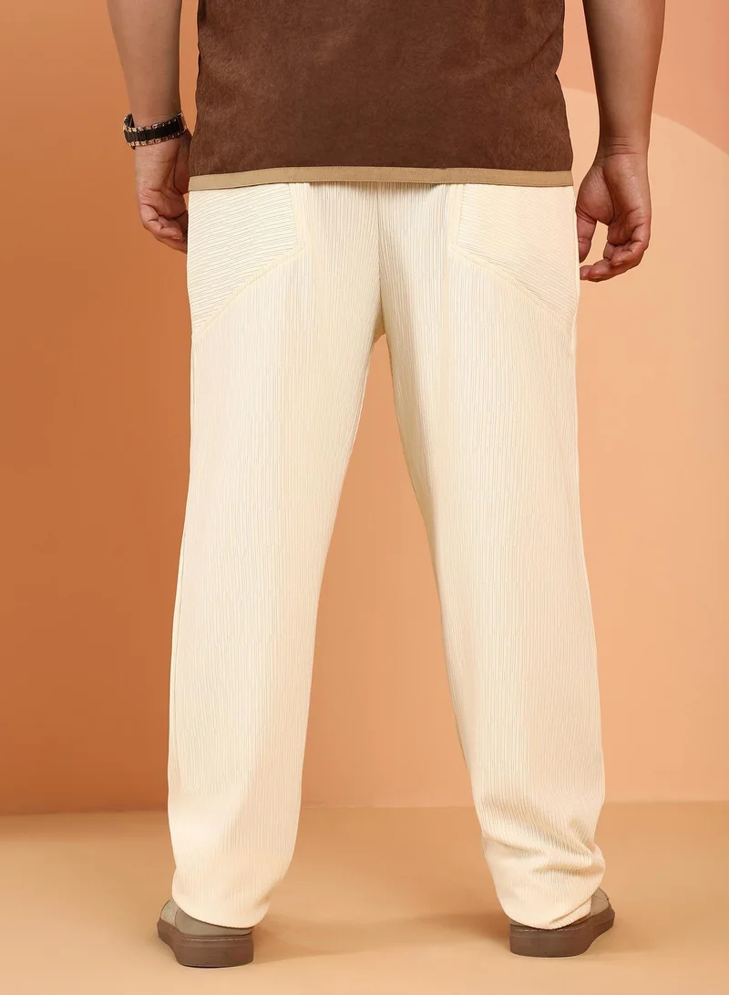 Instafab Plus  Instafab Plus Men's Cream White Indie-Woven Tailoured Trousers For Casual Wear | Mid-Rise | Regular Fit | Button Closure | Plus Size Trousers Crafted With Comfort Fit For Everyday Wear for Men | Best Price UAE