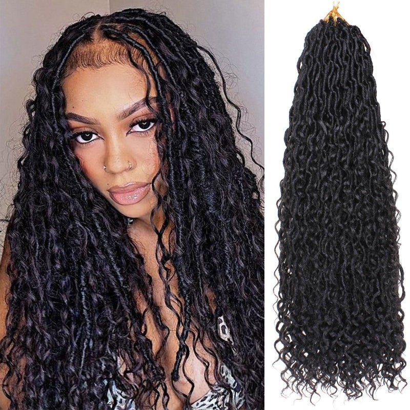 ZRQ 8 Packs Goddess Locs Crochet Hair 24 Inch Boho Faux Locs Hair Black Pre Looped Bohemian Locs Croceht Boho Hippie Locs Curly Soft Locs Hair Extensions 1B