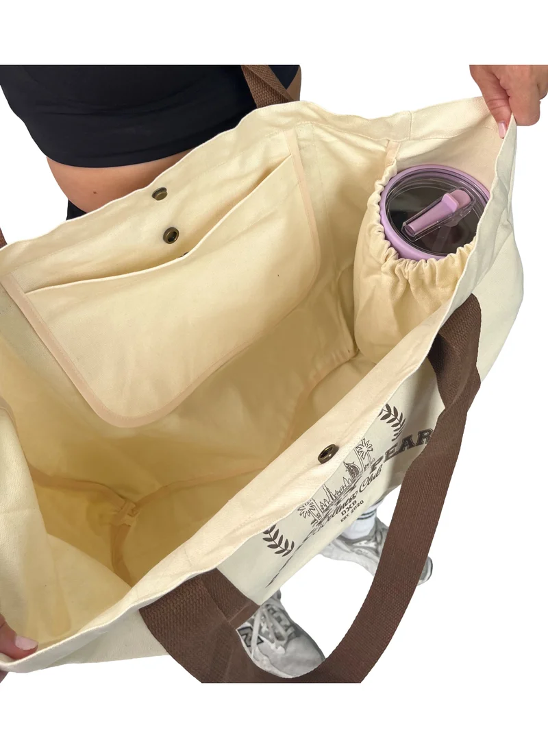 Prickly Pear Mocha Large Varsity Canvas Tote Bag, Mocha for Women | Best Price UAE