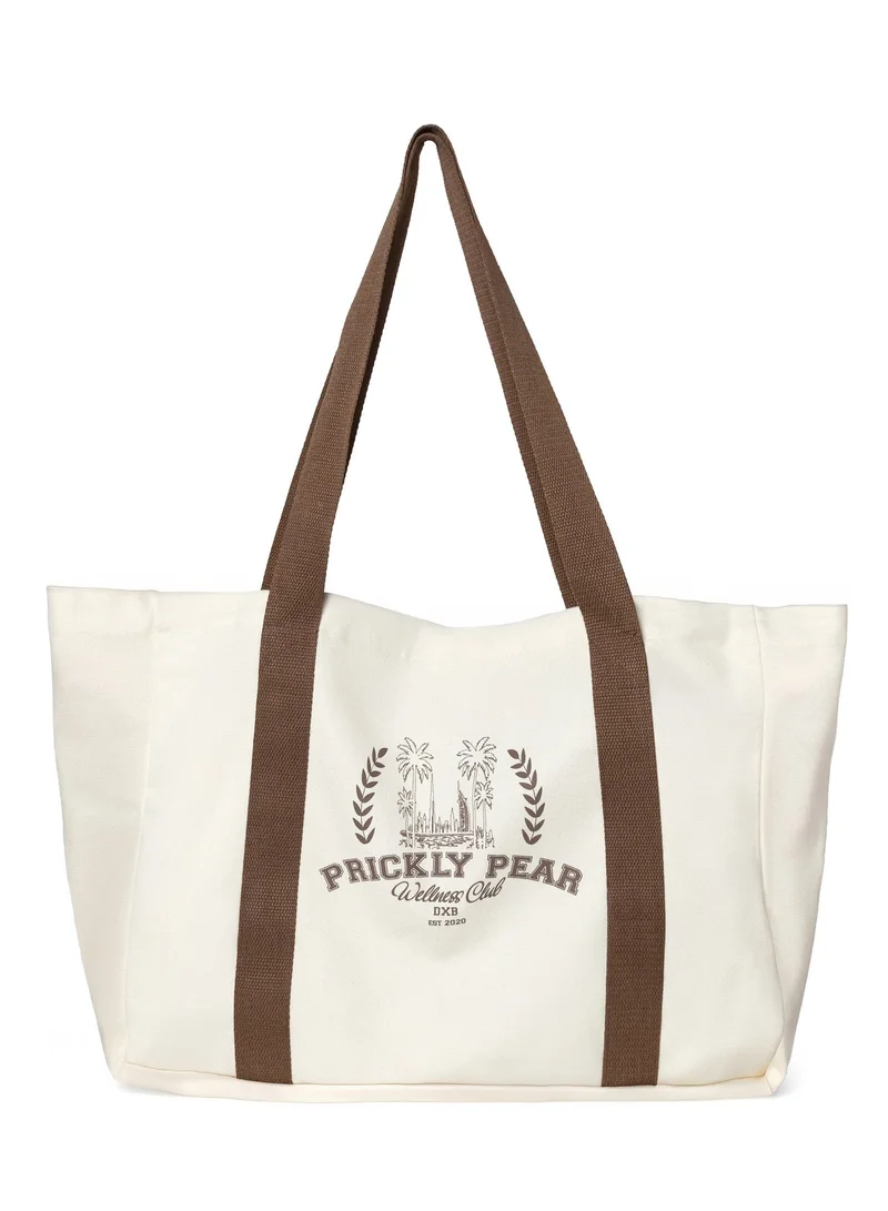 Prickly Pear Large Varsity Canvas Tote Bag, Mocha
