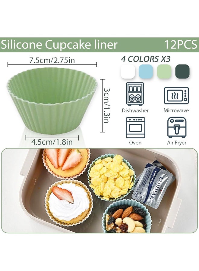 مجموعة من 12 قالب سيليكون للخبز، بطانات غير لاصقة للكعك والكب كيك، حاملات أكواب تغليف للكعك والكب كيك - Image 2