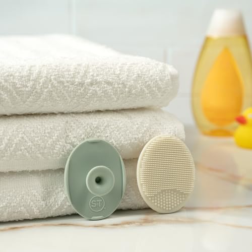 S&T INC. Exfoliating and Massaging Cradle Cap Bath Brushes for Baby, Silicone - 2 Inch x 2.5 Inch, Sage Green & Cream, 2 Pack - Image 5