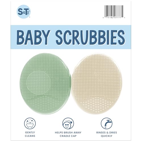 S&T INC. Exfoliating and Massaging Cradle Cap Bath Brushes for Baby, Silicone - 2 Inch x 2.5 Inch, Sage Green & Cream, 2 Pack - Image 1