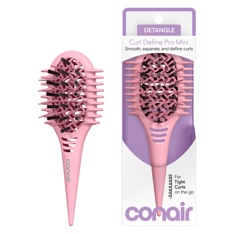 Conair Curl Define Pro Mini Detangler Brush for Tight Curls, Dual-Vent Design Curl Defining Brush with Continuous Grooves, Mixed Bristles for Frizz-Free Detangling, Smoothing, and Definition, Pink - Image 1