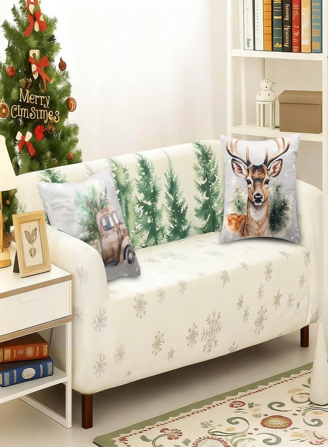 Lounsweer Christmas Sofa Couch Cover for 2 Cushion Couch,Santa Claus Printed Sofa Cover with 2 Pcs Christmas Tree Reindeer Truck Stripes Throw Pillow Covers for Home Winter Decoration - Image 4