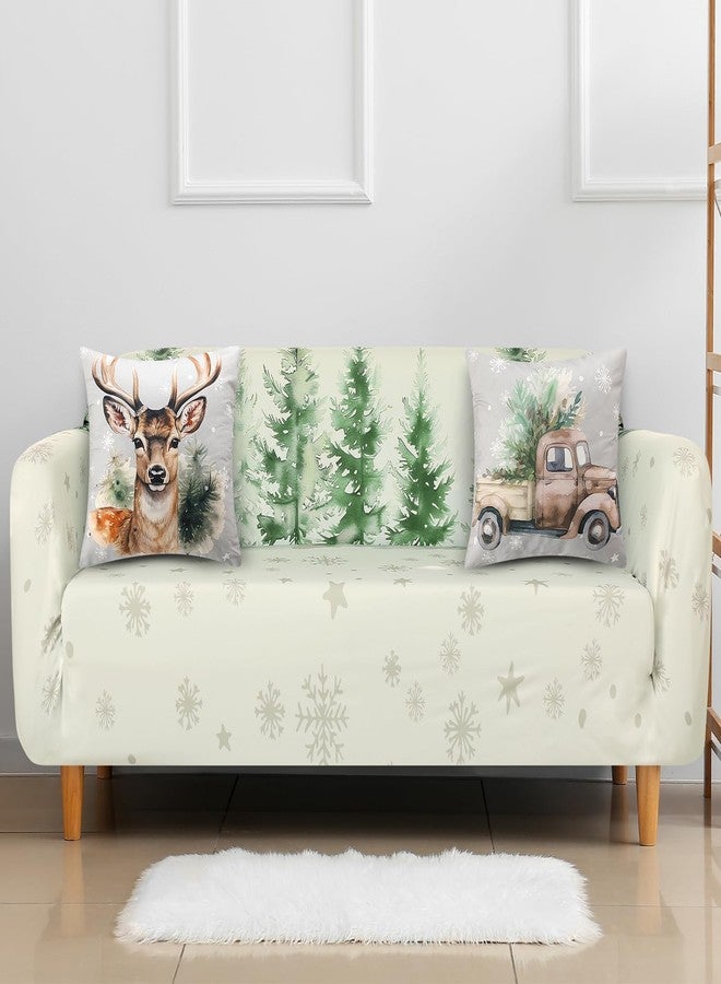 Lounsweer Christmas Sofa Couch Cover for 2 Cushion Couch,Santa Claus Printed Sofa Cover with 2 Pcs Christmas Tree Reindeer Truck Stripes Throw Pillow Covers for Home Winter Decoration - Image 1