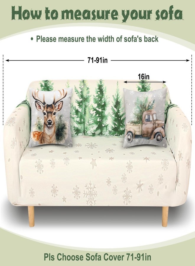 Lounsweer Christmas Sofa Couch Cover for 2 Cushion Couch,Santa Claus Printed Sofa Cover with 2 Pcs Christmas Tree Reindeer Truck Stripes Throw Pillow Covers for Home Winter Decoration - Image 2