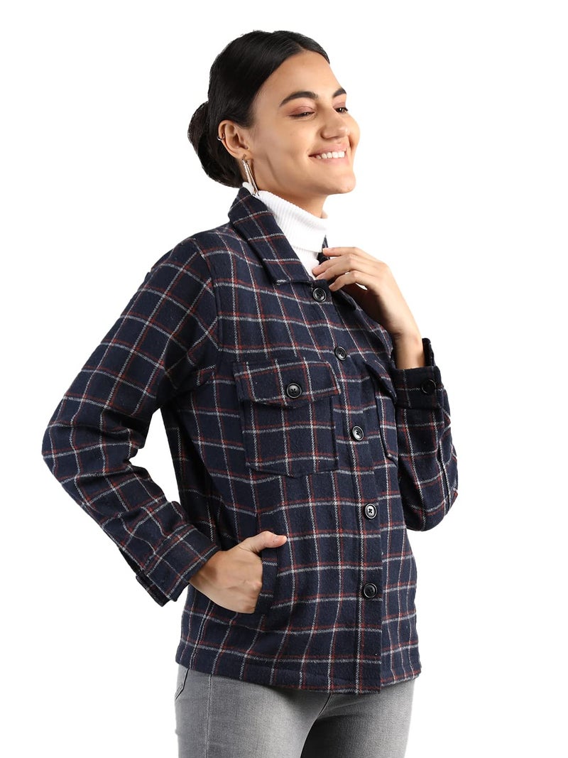 CHKOKKO Checkered Shacket Jacket for WomenStandard Length Plaid Shirt Jacket with Button Closure & Pockets for Casual Wear Navy Red M - Image 4