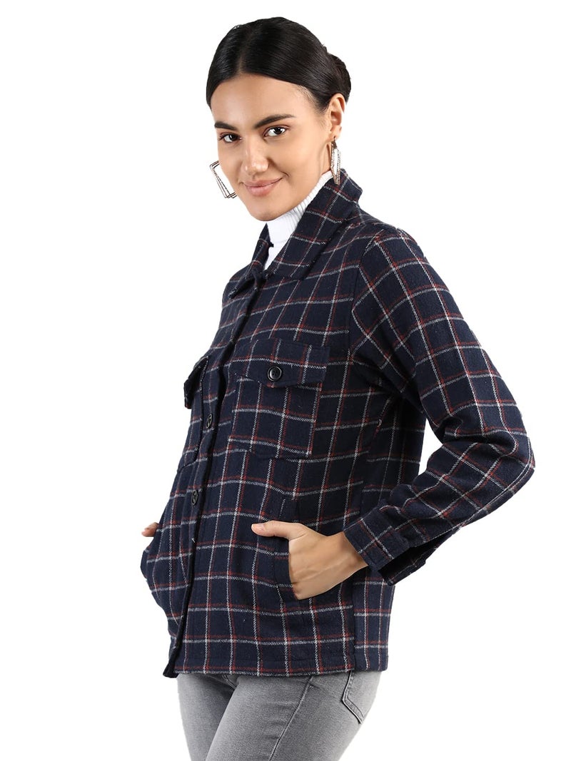 CHKOKKO Checkered Shacket Jacket for WomenStandard Length Plaid Shirt Jacket with Button Closure & Pockets for Casual Wear Navy Red M - Image 5