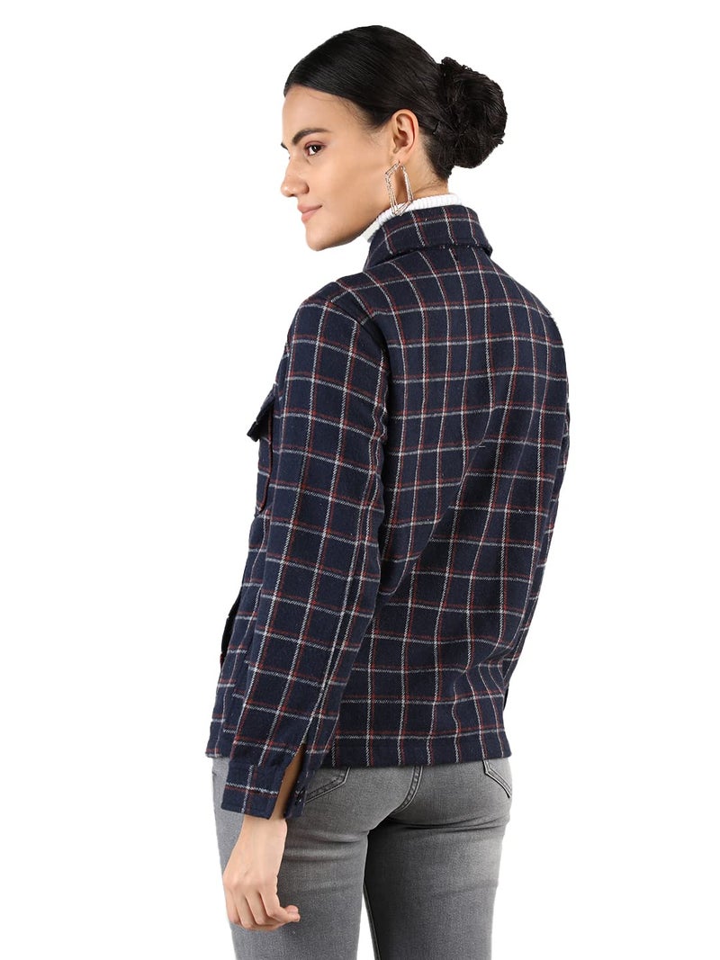 CHKOKKO Checkered Shacket Jacket for WomenStandard Length Plaid Shirt Jacket with Button Closure & Pockets for Casual Wear Navy Red M - Image 3
