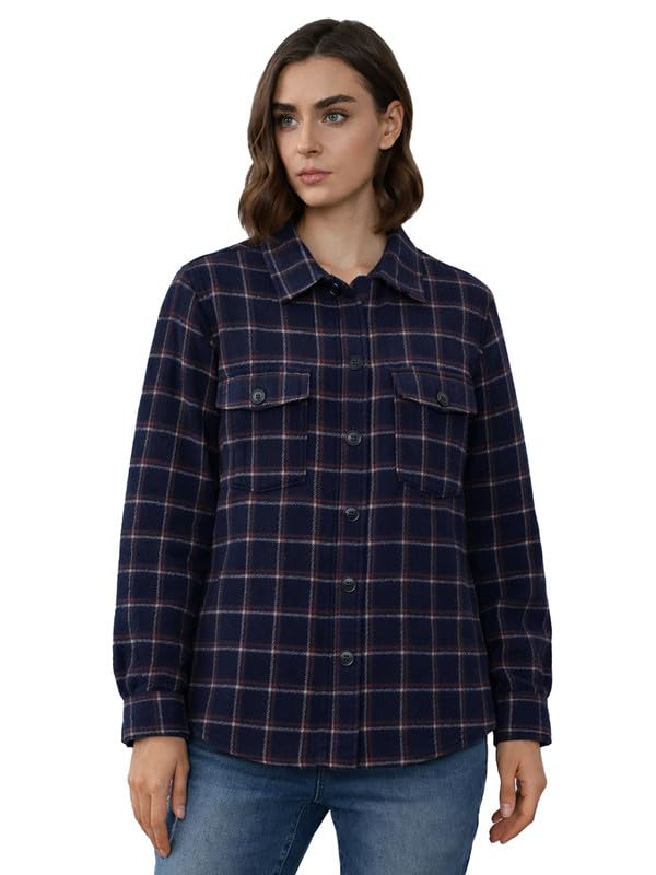 CHKOKKO Checkered Shacket Jacket for WomenStandard Length Plaid Shirt Jacket with Button Closure & Pockets for Casual Wear Navy Red M - Image 1