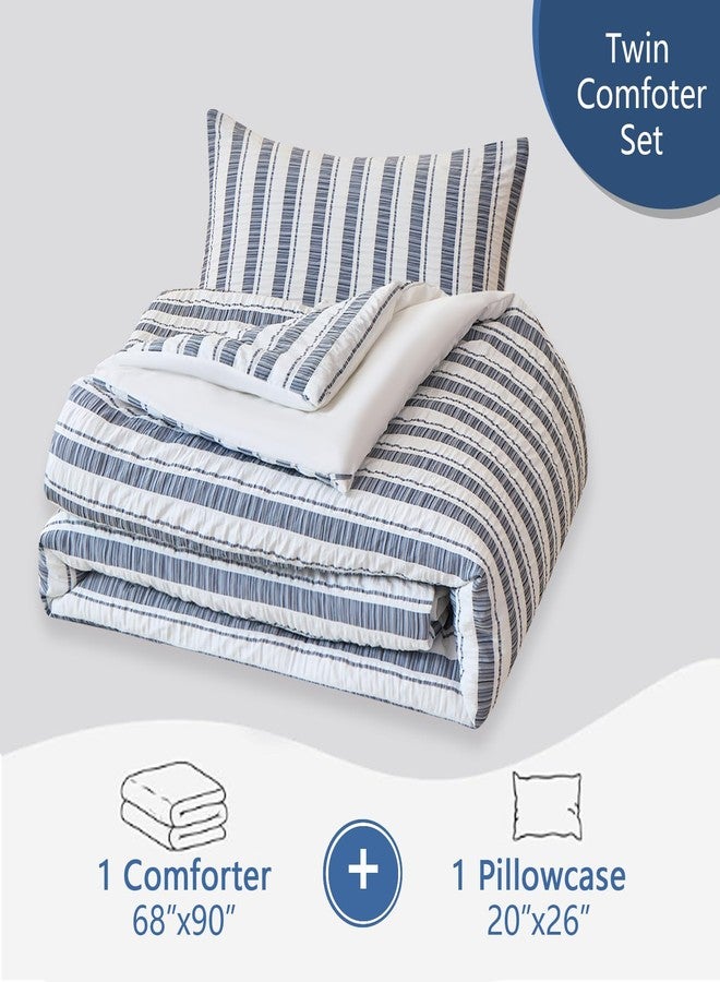 Caressma Striped Seersucker Bedding Comforter Fluffy Blue Grey White Twin Comforter Neutral Microfiber Set 2 Pieces All Seasons - Image 5