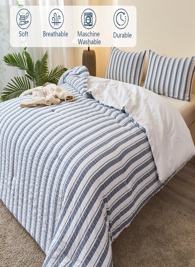 Caressma Striped Seersucker Bedding Comforter Fluffy Blue Grey White Twin Comforter Neutral Microfiber Set 2 Pieces All Seasons - Image 3
