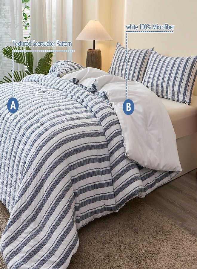 Caressma Striped Seersucker Bedding Comforter Fluffy Blue Grey White Twin Comforter Neutral Microfiber Set 2 Pieces All Seasons - Image 2