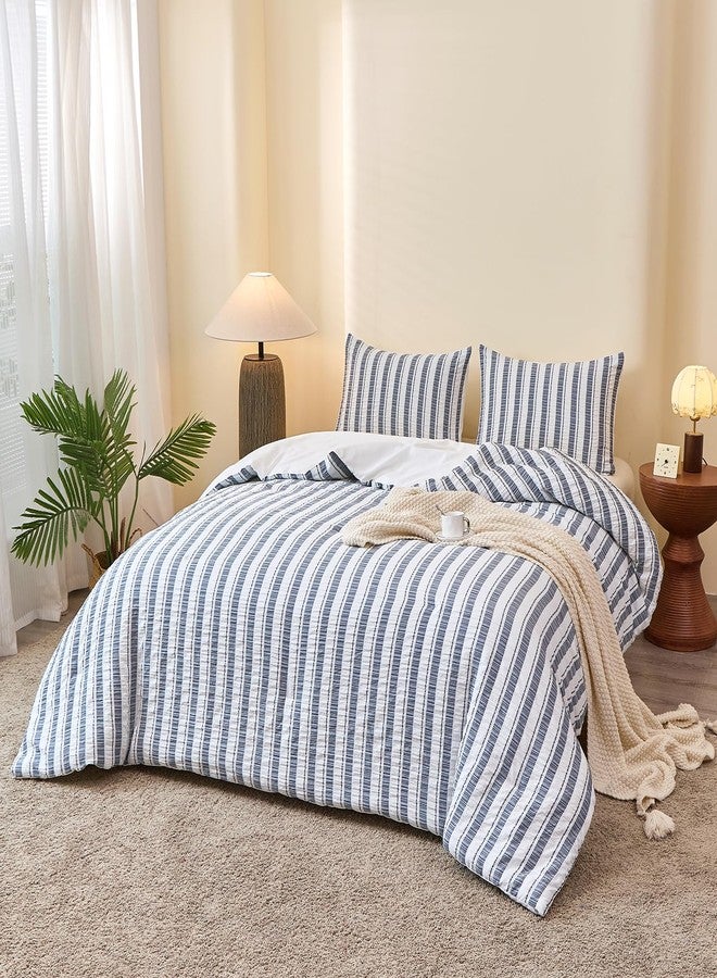 Caressma Striped Seersucker Bedding Comforter Fluffy Blue Grey White Twin Comforter Neutral Microfiber Set 2 Pieces All Seasons - Image 1