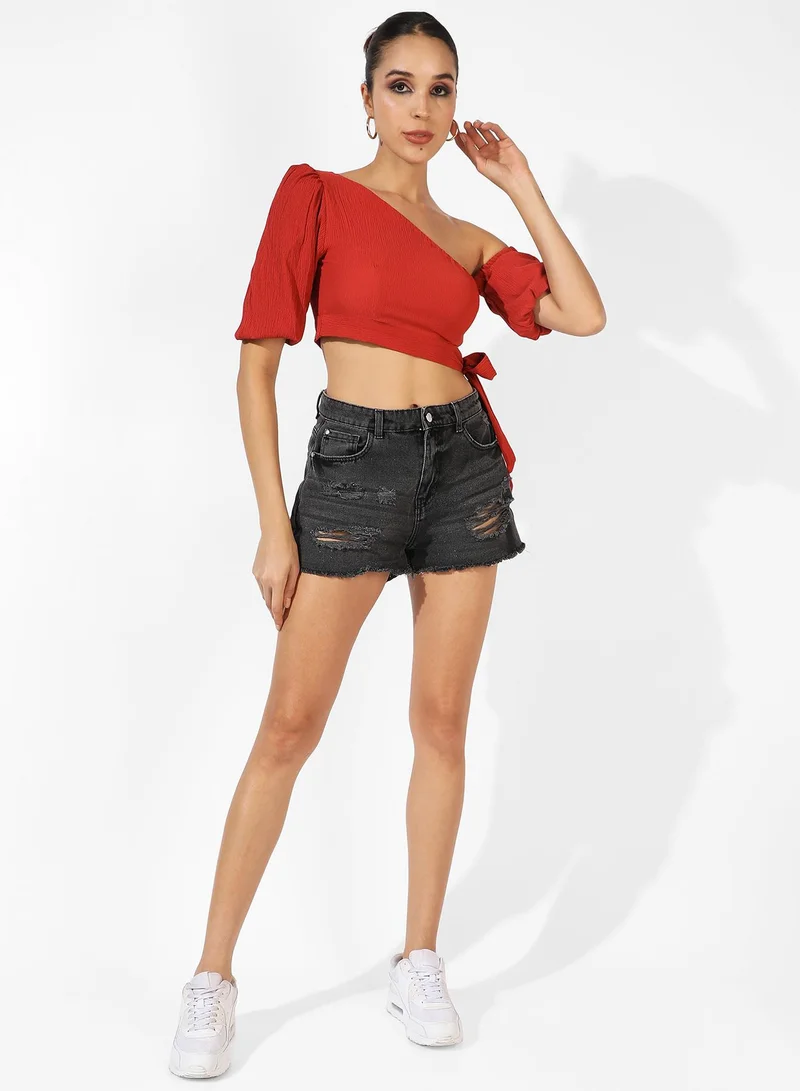 Campus Sutra Women's Solid Red Crop Top