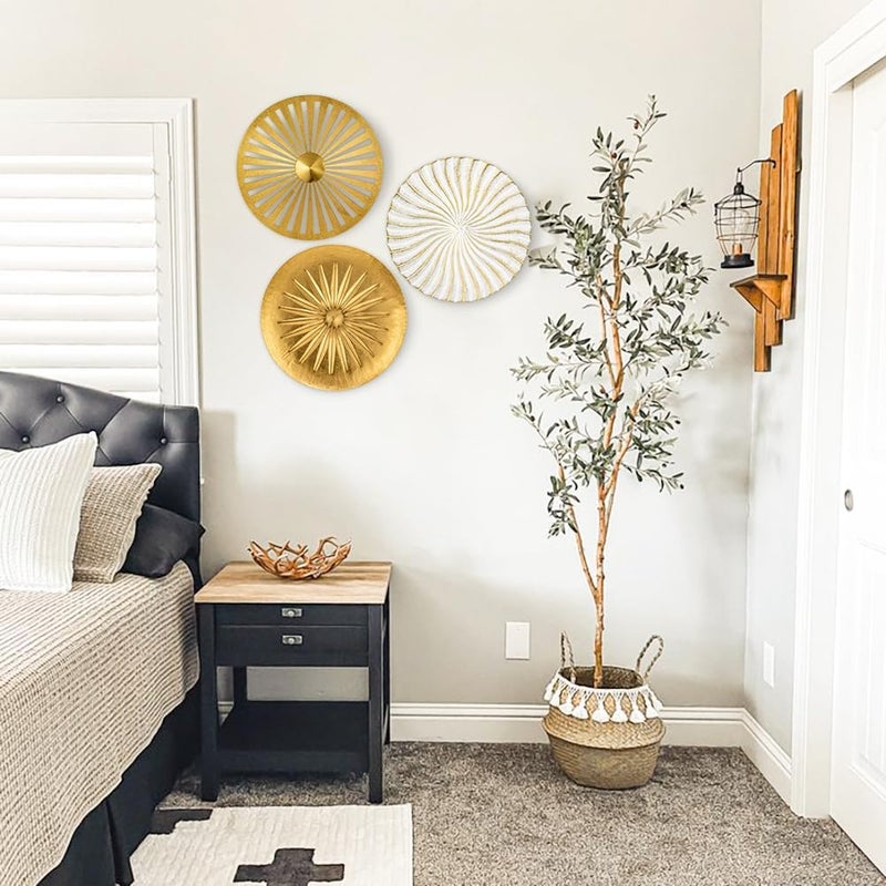 Briful Classic practical design 12" Wall Décor Pack of 3 Metal Gold & White Washed Starbursts Radial Plate Wall Art Modern Accent Hanging Wall Decorations For Home Office Bedroom Or Living Room Wall Sculptures Global assemble options - Image 4