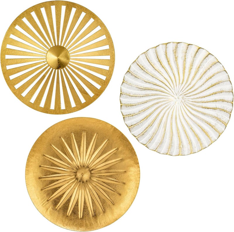 Briful Classic practical design 12" Wall Décor Pack of 3 Metal Gold & White Washed Starbursts Radial Plate Wall Art Modern Accent Hanging Wall Decorations For Home Office Bedroom Or Living Room Wall Sculptures Global assemble options - Image 1