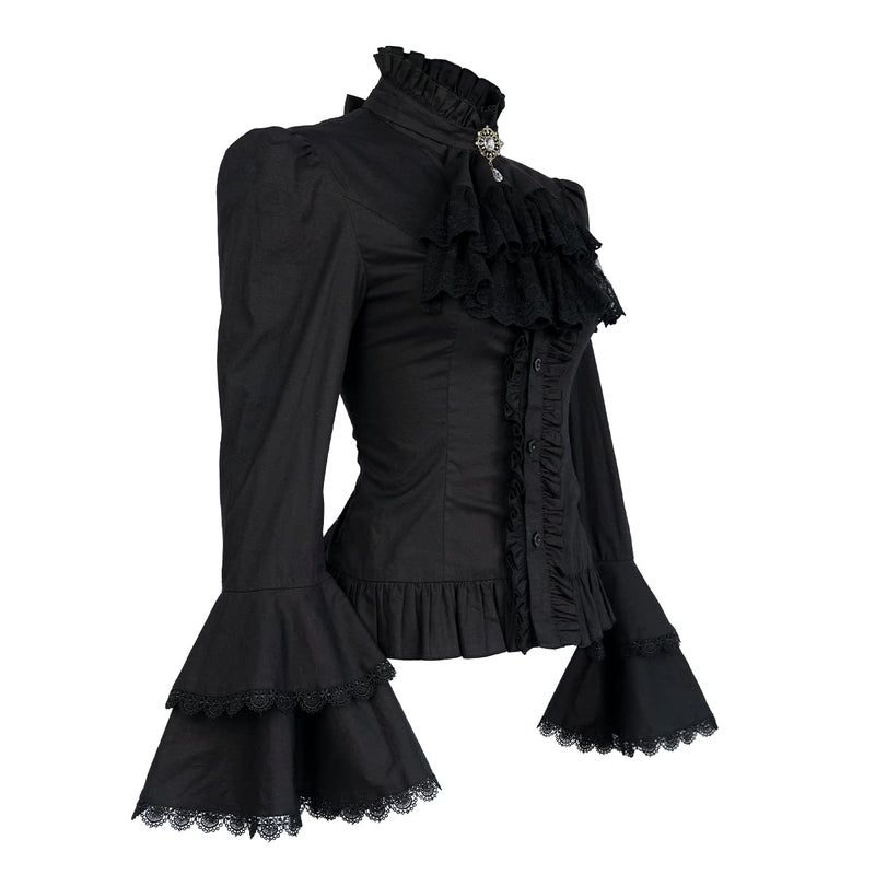 yiranyijiu Victorian Blouse Womens Gothic Lolita Shirt Vintage Long Sleeve Lotus Ruffle Tops (M, Black) - Image 4
