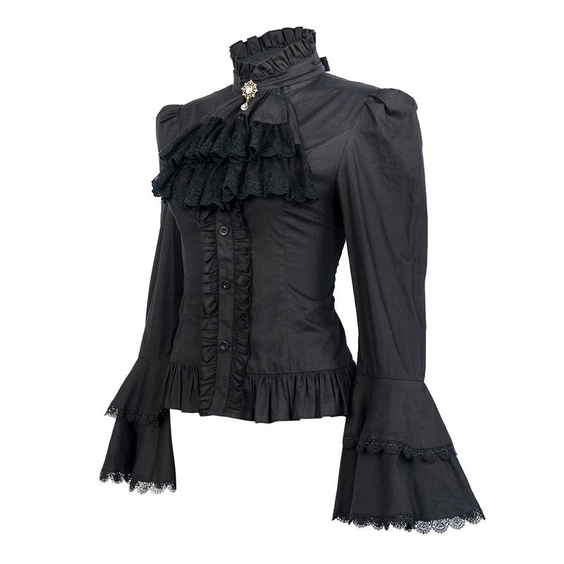 yiranyijiu Victorian Blouse Womens Gothic Lolita Shirt Vintage Long Sleeve Lotus Ruffle Tops (M, Black) - Image 2