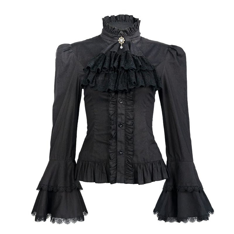 yiranyijiu Victorian Blouse Womens Gothic Lolita Shirt Vintage Long Sleeve Lotus Ruffle Tops (M, Black) - Image 1