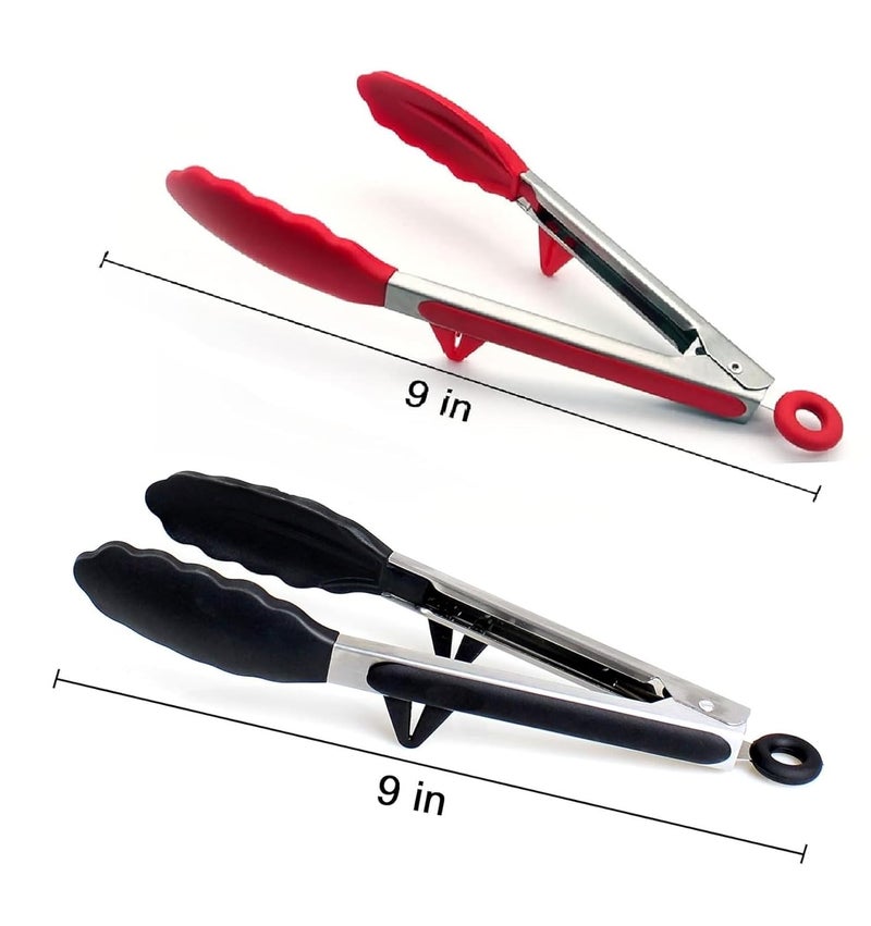 Sugalsu Silicone Kitchen Tongs Stainless Steel and Food Silicone Tongs Heat Resistant for Cooking Cooking and Grill 9 Inch Tong Red Black Pack of 2 - Image 2
