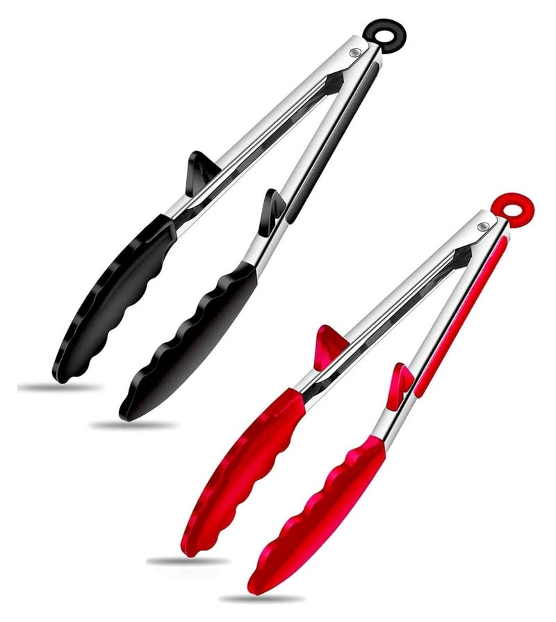Sugalsu Silicone Kitchen Tongs Stainless Steel and Food Silicone Tongs Heat Resistant for Cooking Cooking and Grill 9 Inch Tong Red Black Pack of 2 - Image 1