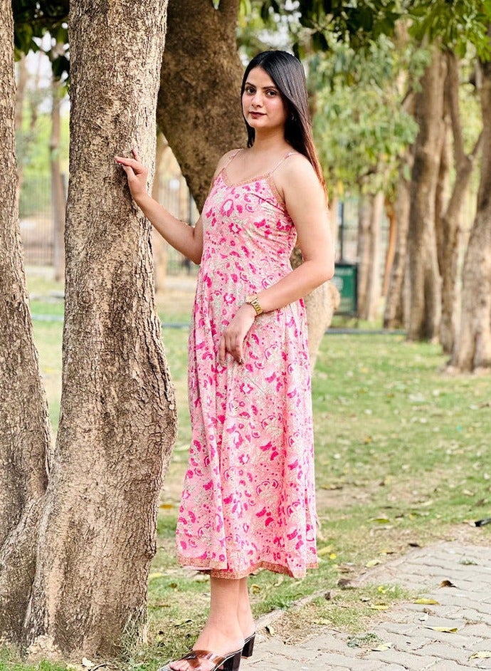 Swadesh Souq Floral Printed Cotton Midi Dress – Fit & Flare with Shoulder Straps - Image 3