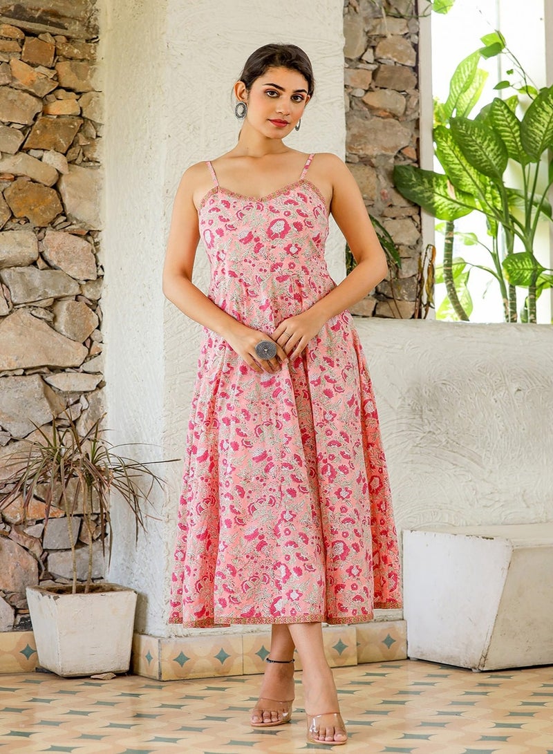Swadesh Souq Floral Printed Cotton Midi Dress – Fit & Flare with Shoulder Straps - Image 1
