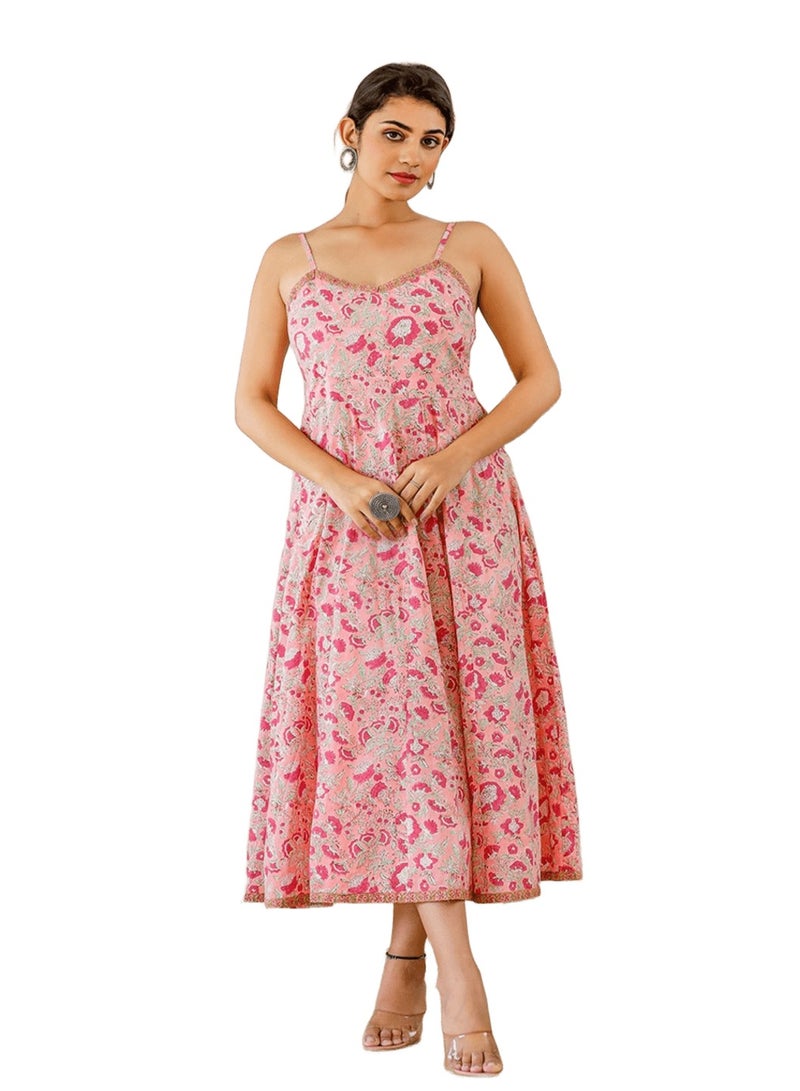 Swadesh Souq Floral Printed Cotton Midi Dress – Fit & Flare with Shoulder Straps - Image 2