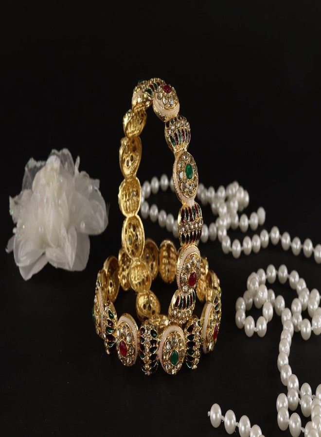 NMII طقم أساور معدنية ذهبية من NMII مرصعة بأحجار الزركون الحمراء والخضراء للنساء والفتيات | أحدث أساور نسائية | طقم أساور عصري تقليدي | أساور AD | أساور أنيقة وعصرية - (MAH118-Gold-2.6) - Image 4