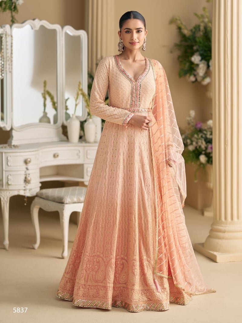 ANAITA Peach Georgette Free Size Stitched Anarkali Suit with Embroidery & Sequence Work - Image 1