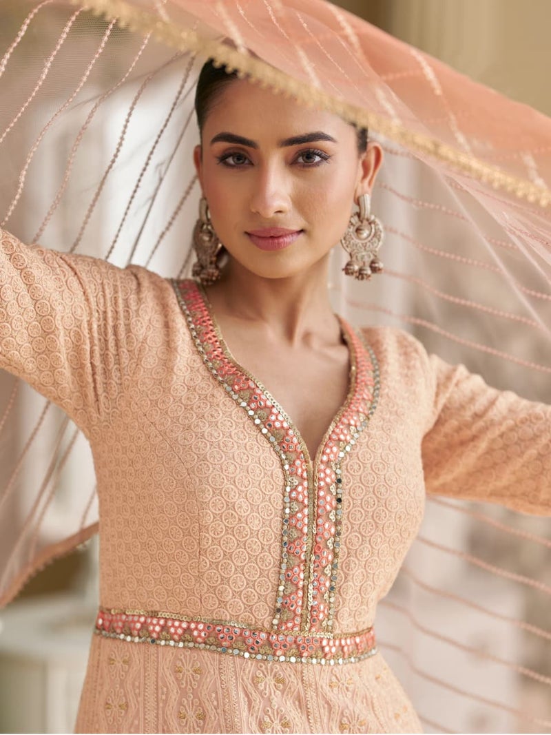 ANAITA Peach Georgette Free Size Stitched Anarkali Suit with Embroidery & Sequence Work - Image 2