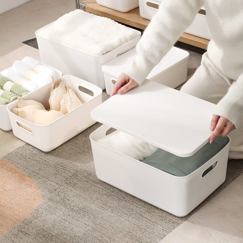 Yishyfier Plastic Storage Baskets Bins Boxes With Lids,Organizing Container White Storage Organizer Bins For Shelves Drawers Desktop Playroom Classroom Office,3-Pack(M+2S) - Image 3
