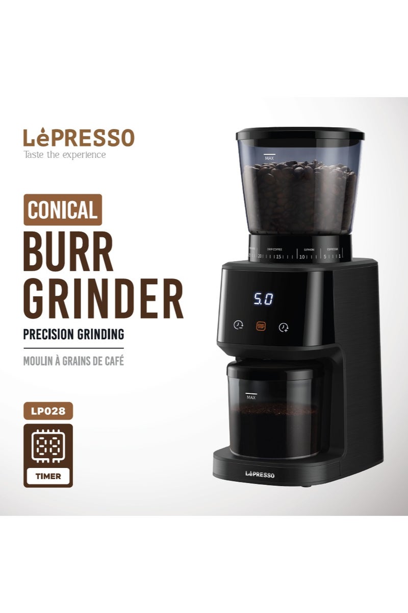 LePRESSO Conical Burr Grinder 165W with 275g Bean Hopper Capacity / Timer / 40mm Burr Size / UK 3-Pin Plug Power Cord / 99g Chamber Capacity / 31 Grind Sizes/ User Friendly Interface/French Press / Pour Over / Drip Coffee / Siphon / Espresso - Black - Image 1
