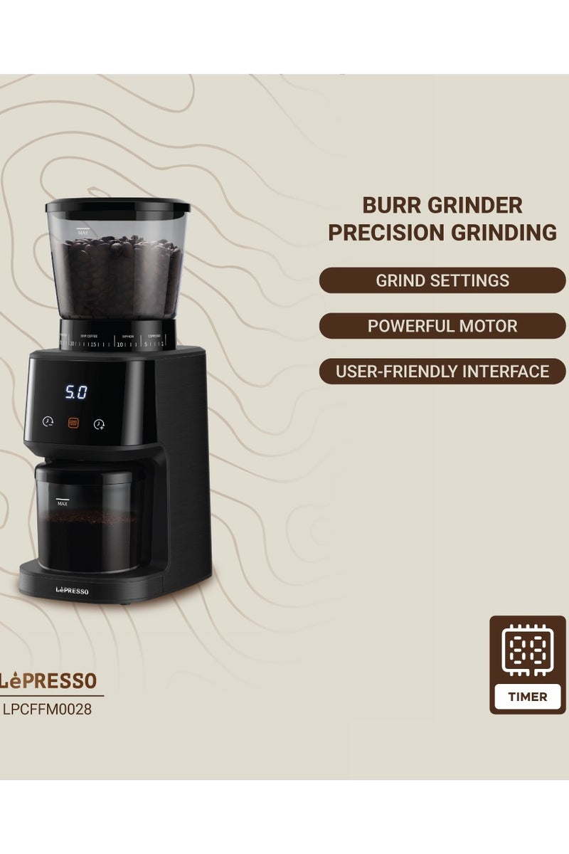 LePRESSO Conical Burr Grinder 165W with 275g Bean Hopper Capacity / Timer / 40mm Burr Size / UK 3-Pin Plug Power Cord / 99g Chamber Capacity / 31 Grind Sizes/ User Friendly Interface/French Press / Pour Over / Drip Coffee / Siphon / Espresso - Black - Image 2