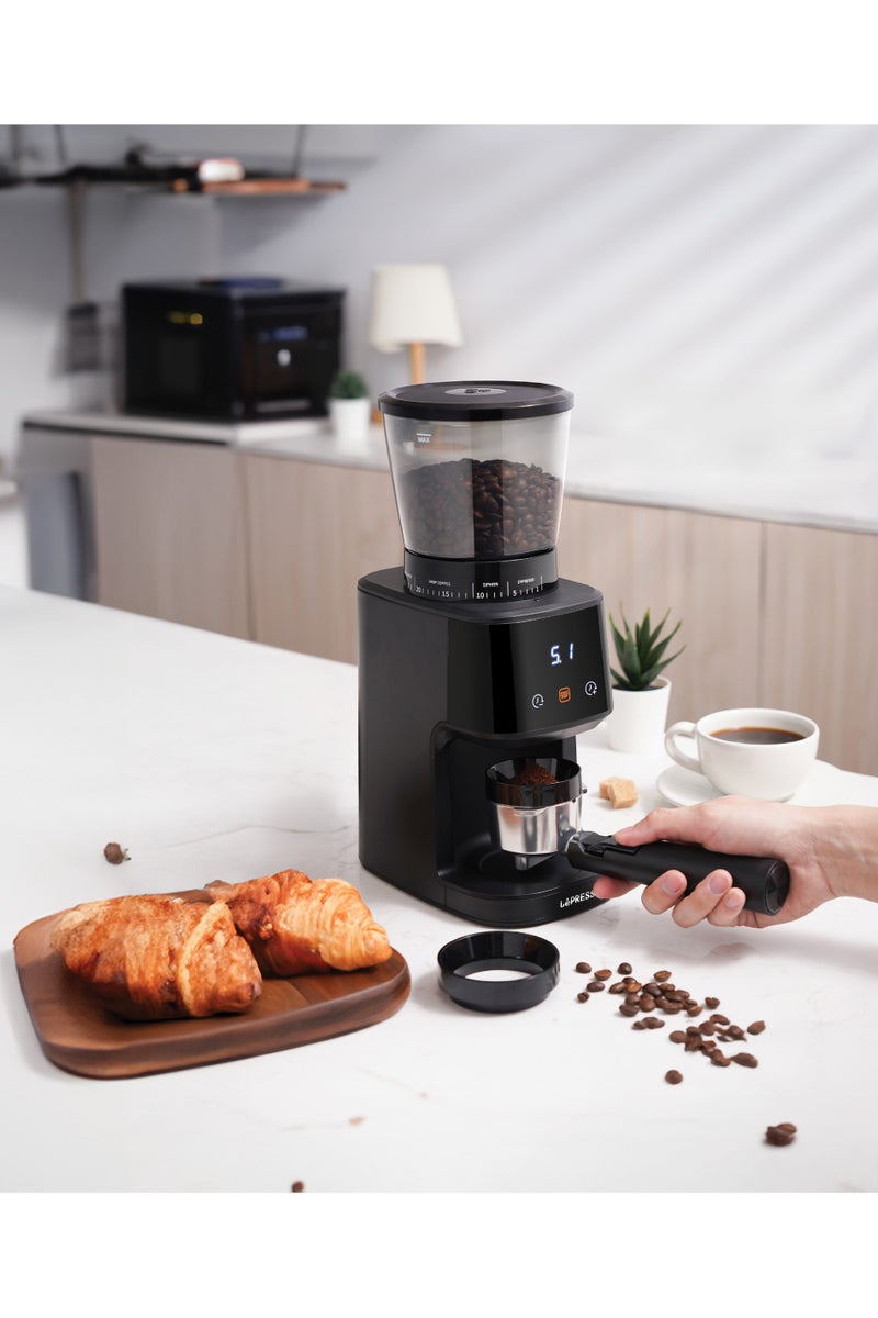 LePRESSO Conical Burr Grinder 165W with 275g Bean Hopper Capacity / Timer / 40mm Burr Size / UK 3-Pin Plug Power Cord / 99g Chamber Capacity / 31 Grind Sizes/ User Friendly Interface/French Press / Pour Over / Drip Coffee / Siphon / Espresso - Black - Image 3
