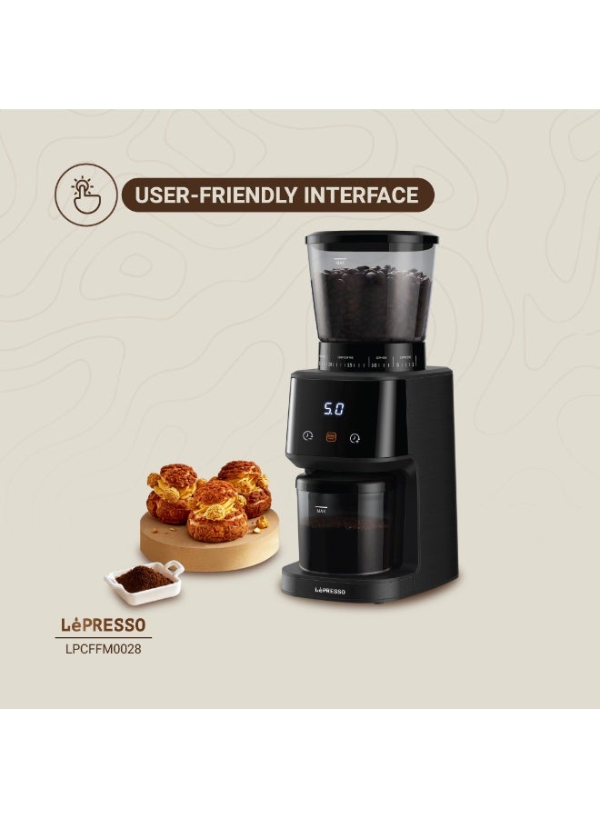 LePRESSO Conical Burr Grinder 165W with 275g Bean Hopper Capacity / Timer / 40mm Burr Size / UK 3-Pin Plug Power Cord / 99g Chamber Capacity / 31 Grind Sizes/ User Friendly Interface/French Press / Pour Over / Drip Coffee / Siphon / Espresso - Black - Image 4