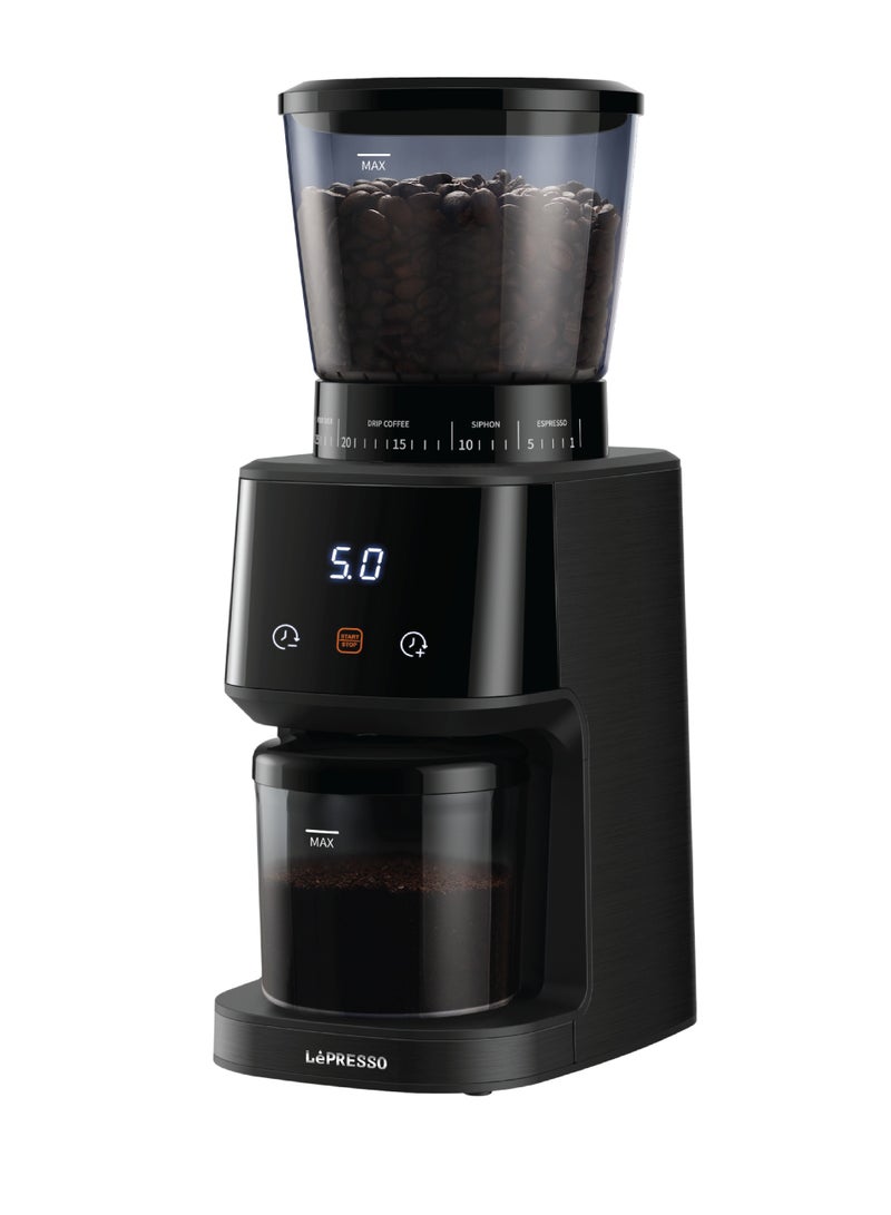 LePRESSO Conical Burr Grinder 165W with 275g Bean Hopper Capacity / Timer / 40mm Burr Size / UK 3-Pin Plug Power Cord / 99g Chamber Capacity / 31 Grind Sizes/ User Friendly Interface/French Press / Pour Over / Drip Coffee / Siphon / Espresso - Black - Image 5