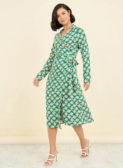 Styli Styli All Over Print Self Tie Up Collared Wrap Midi Dress