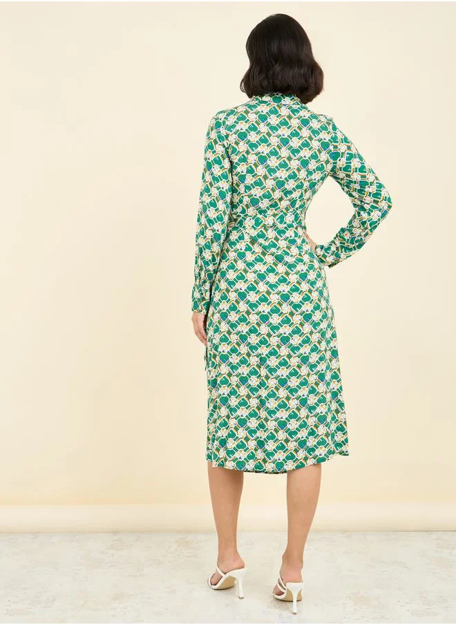 ستايلي AOP Self Tie Up Collared Wrap Midi Dress