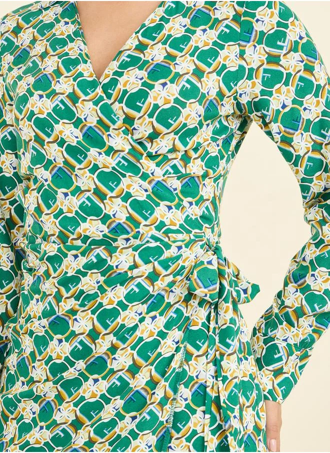 ستايلي AOP Self Tie Up Collared Wrap Midi Dress