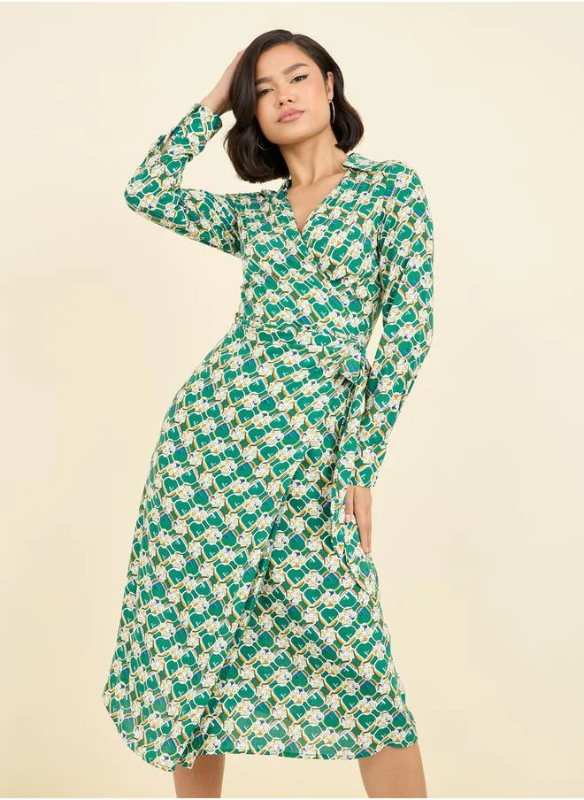 ستايلي AOP Self Tie Up Collared Wrap Midi Dress