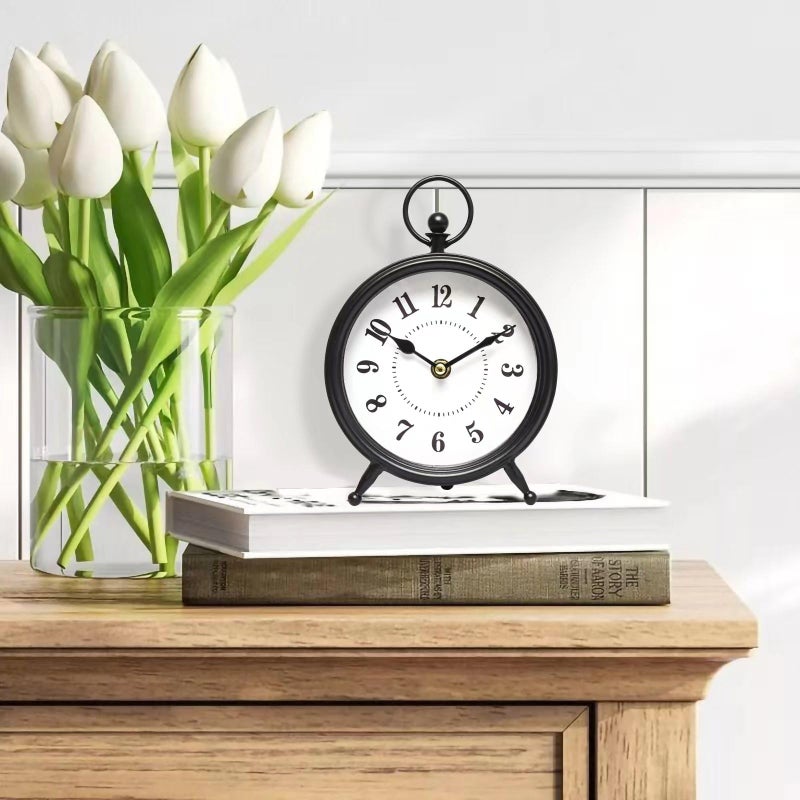 MACVAD Vintage Black Table Clock on Stand Decorative Desk and Shelf ClockDecorative Battery Operated Table Top Clock for Living RoomSilent NonTickingSmall